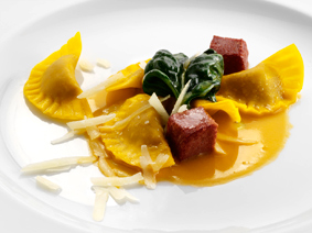 Tortelli di beccaccia con lingua salmistrata